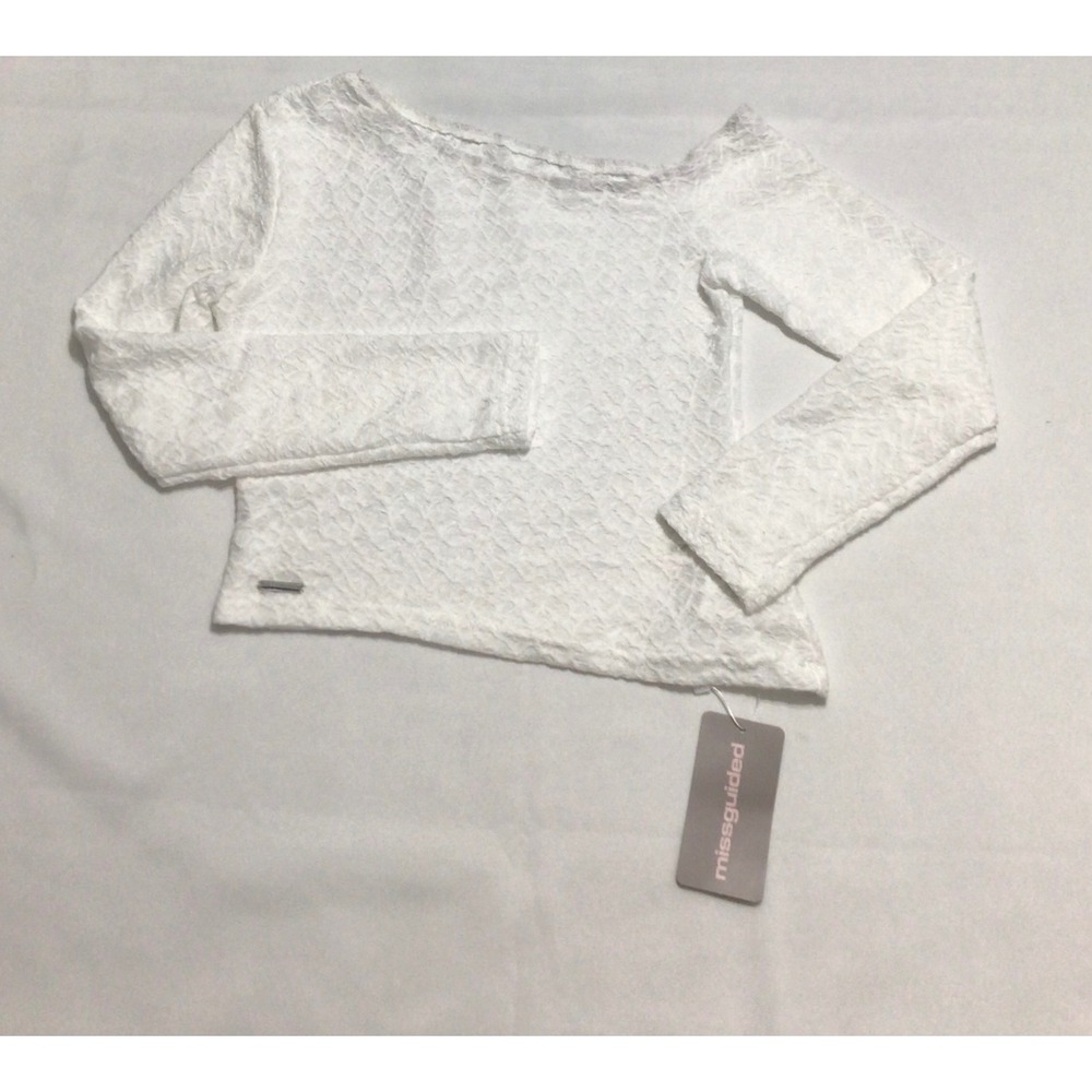Missguided White Textured Lace Boat Neck Long Sleeve Coquette Crop Top NWT